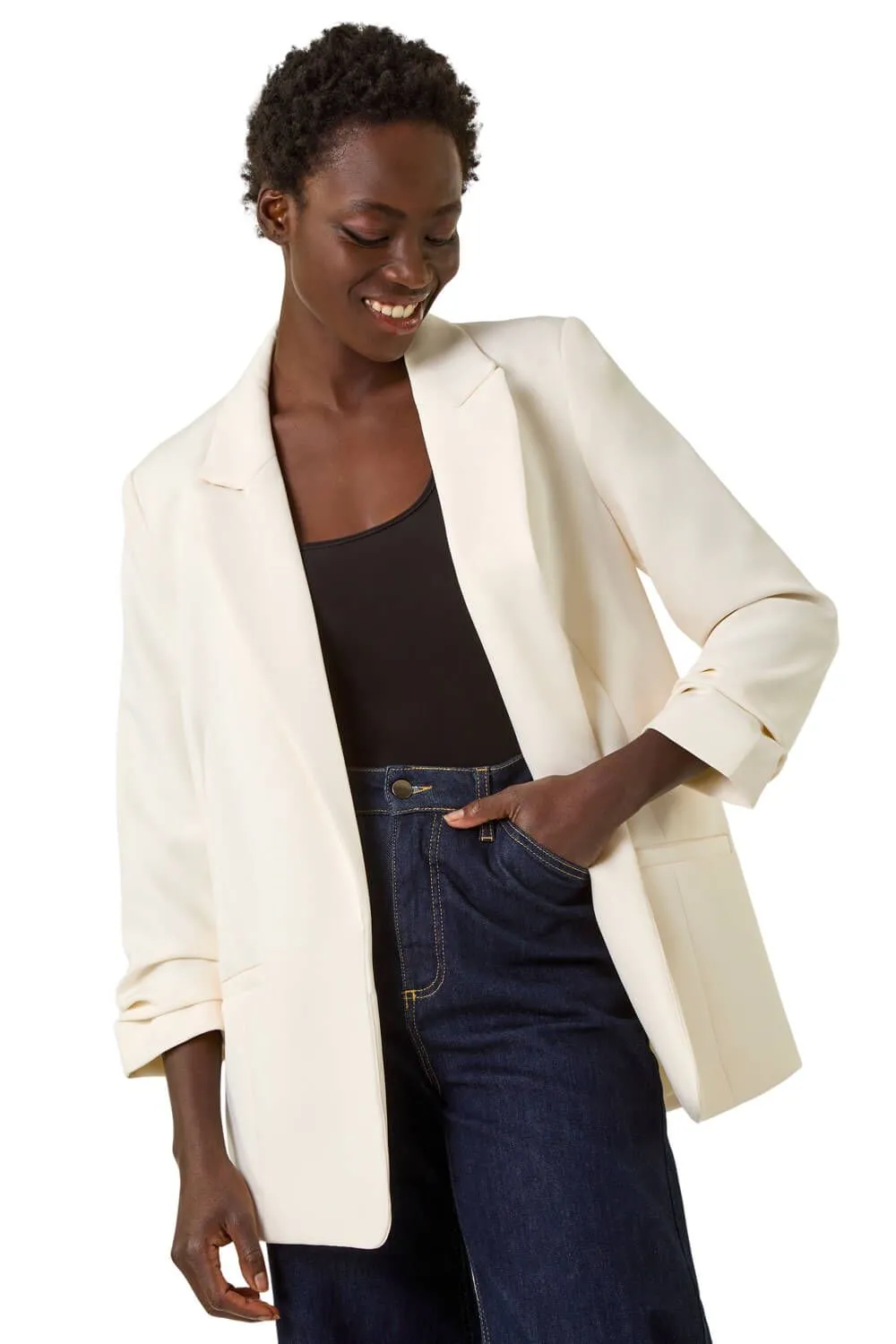 Tailored Ruched Sleeve Stretch Blazer