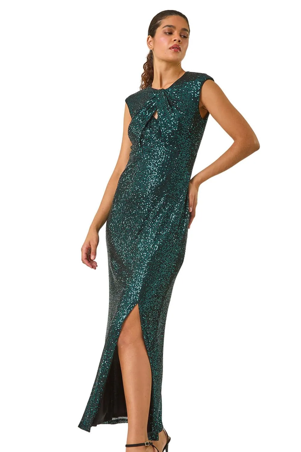 Sequin Twist Front Maxi Stretch Dress