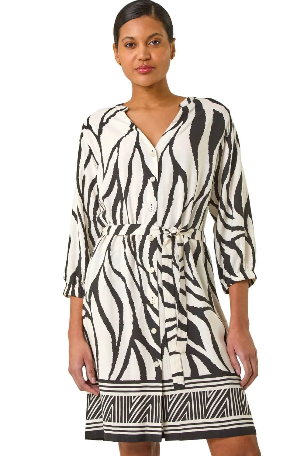 Abstract Border Tie Shirt Dress