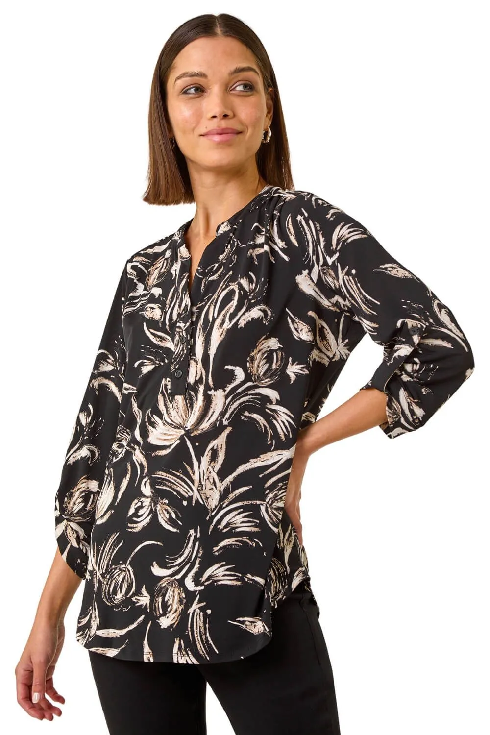 Abstract Print Shoulder Pleat Shirt