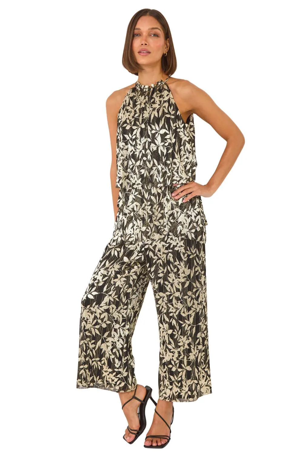 Abstract Foil Print Plisse Jumpsuit