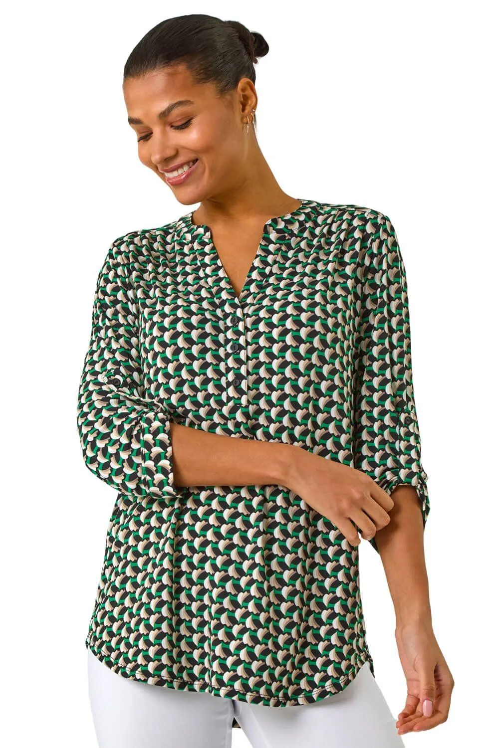 Abstract Print V-Neck Button Stretch Shirt