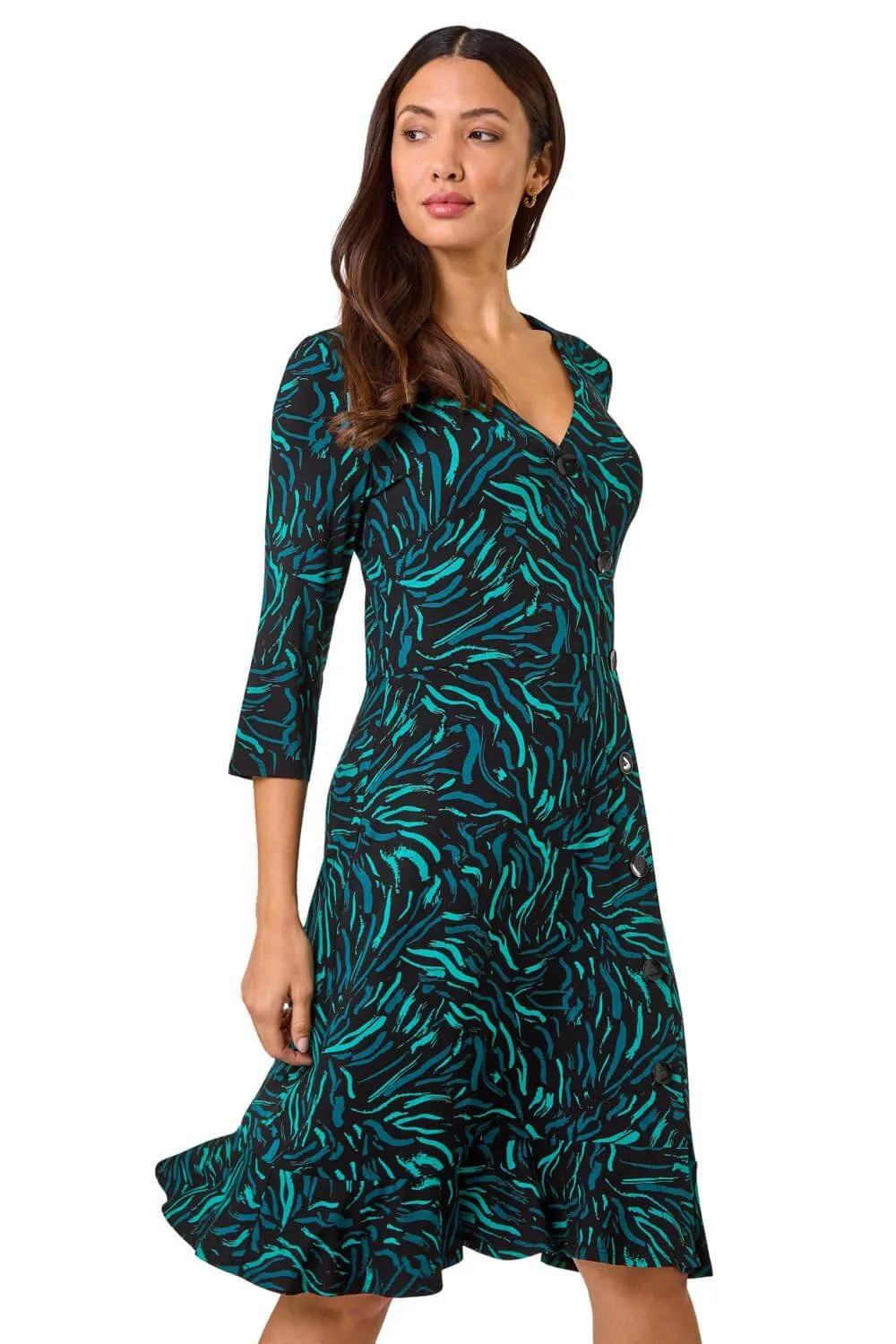 Wave Print Side Button Stretch Dress