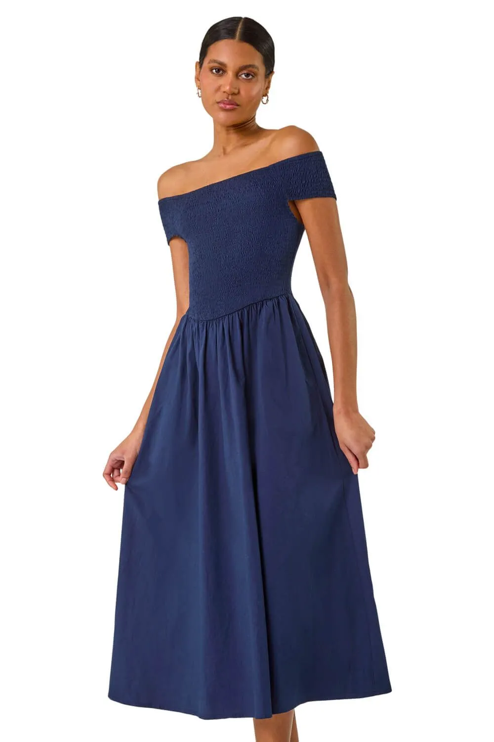 Plain Shirred Cotton Midi Dress