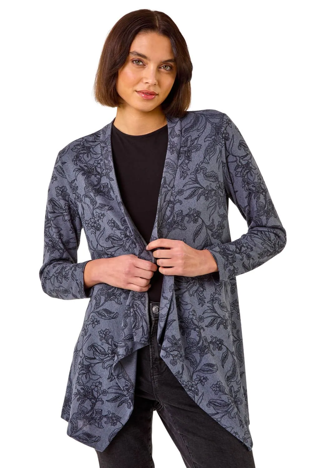 Linear Floral Print Gathered Cardigan