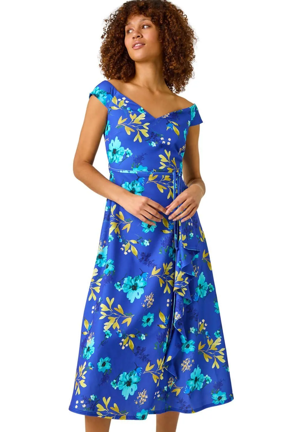 Floral Print Bardot Ruffle Stretch Dress