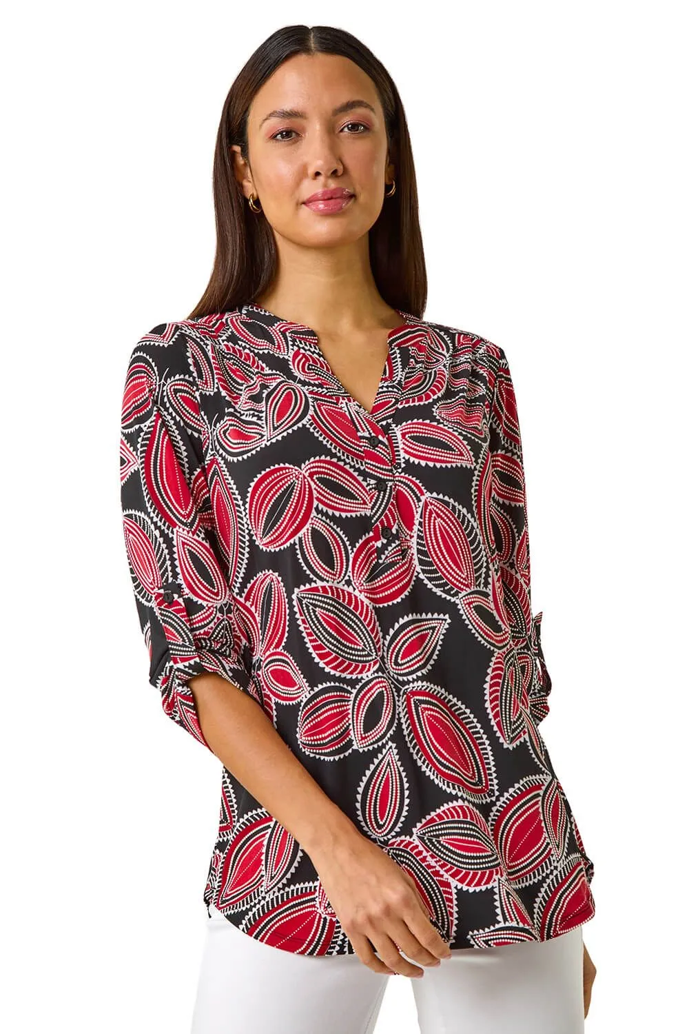 Textured Leaf Print V-Neck Stretch Shirt