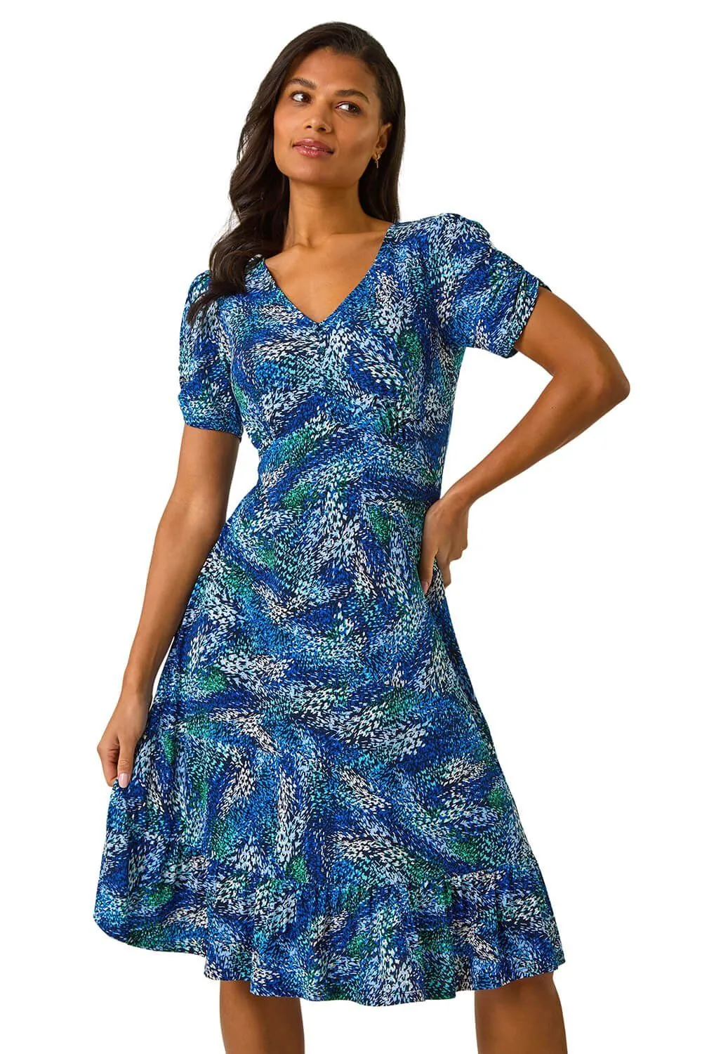 Stretch Abstract Buttoned Tea Dress