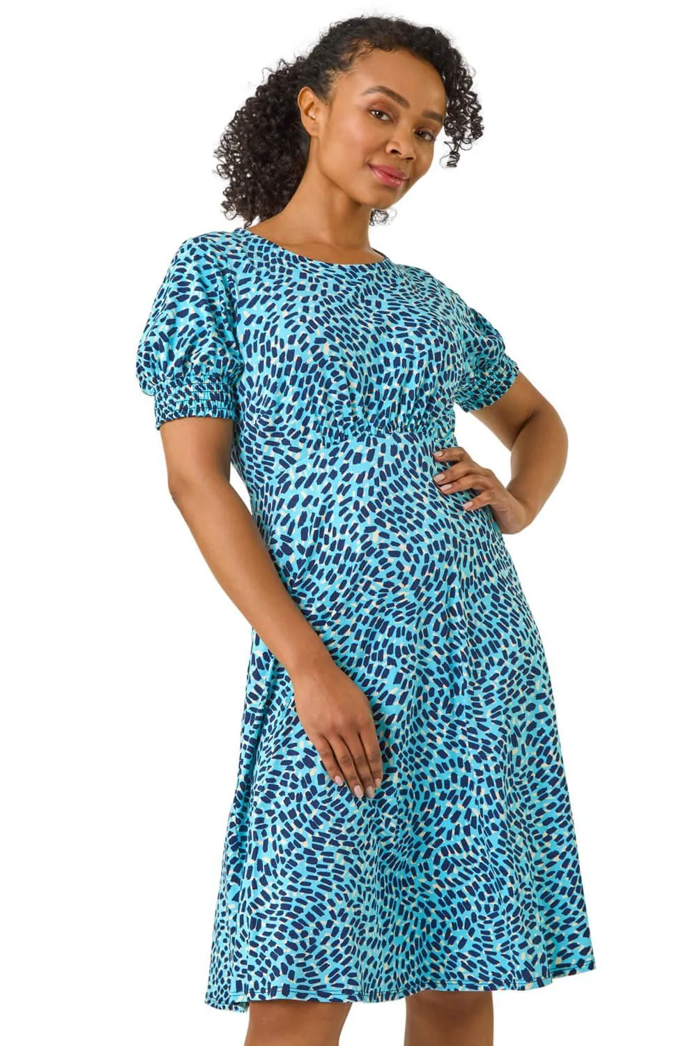 Petite Floral Print Shirred Stretch Dress