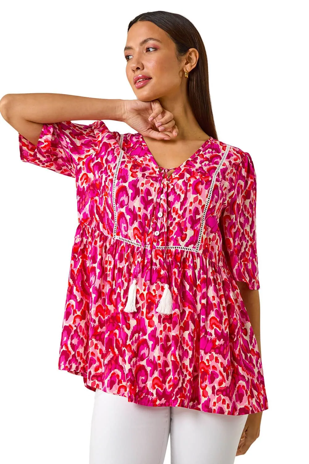 Abstract Print Tassel Top