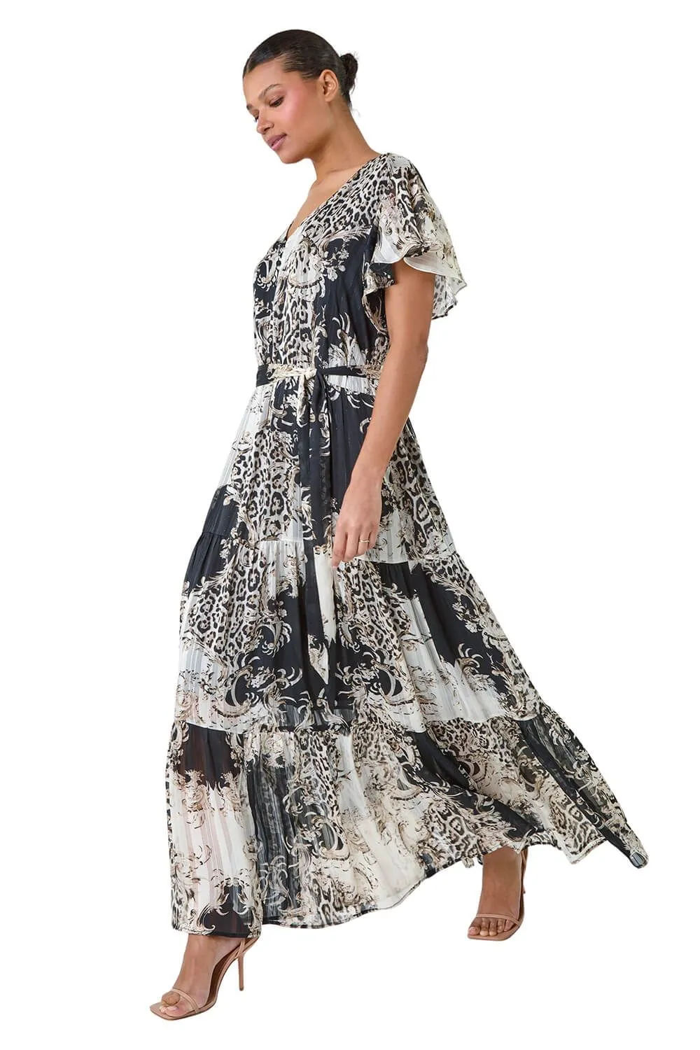 Animal Print Shimmer Tiered Maxi Dress