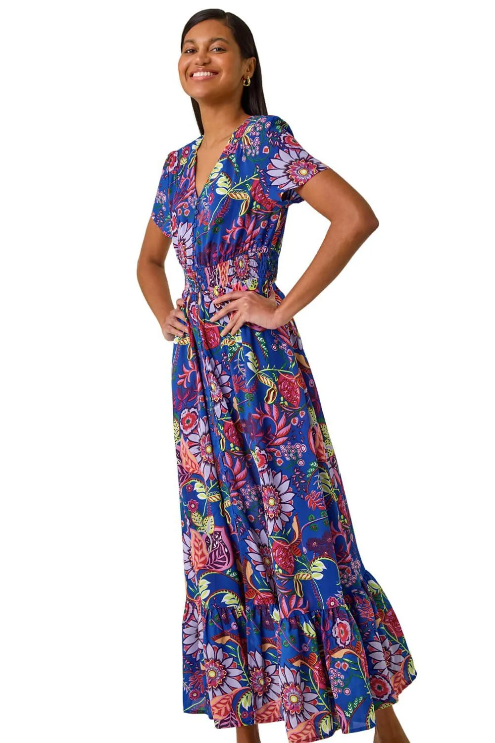 Rose Print Button Detail Maxi Dress