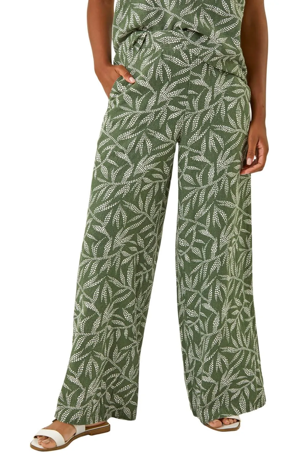 Leaf Print Linen Mix Wide Leg Trouser