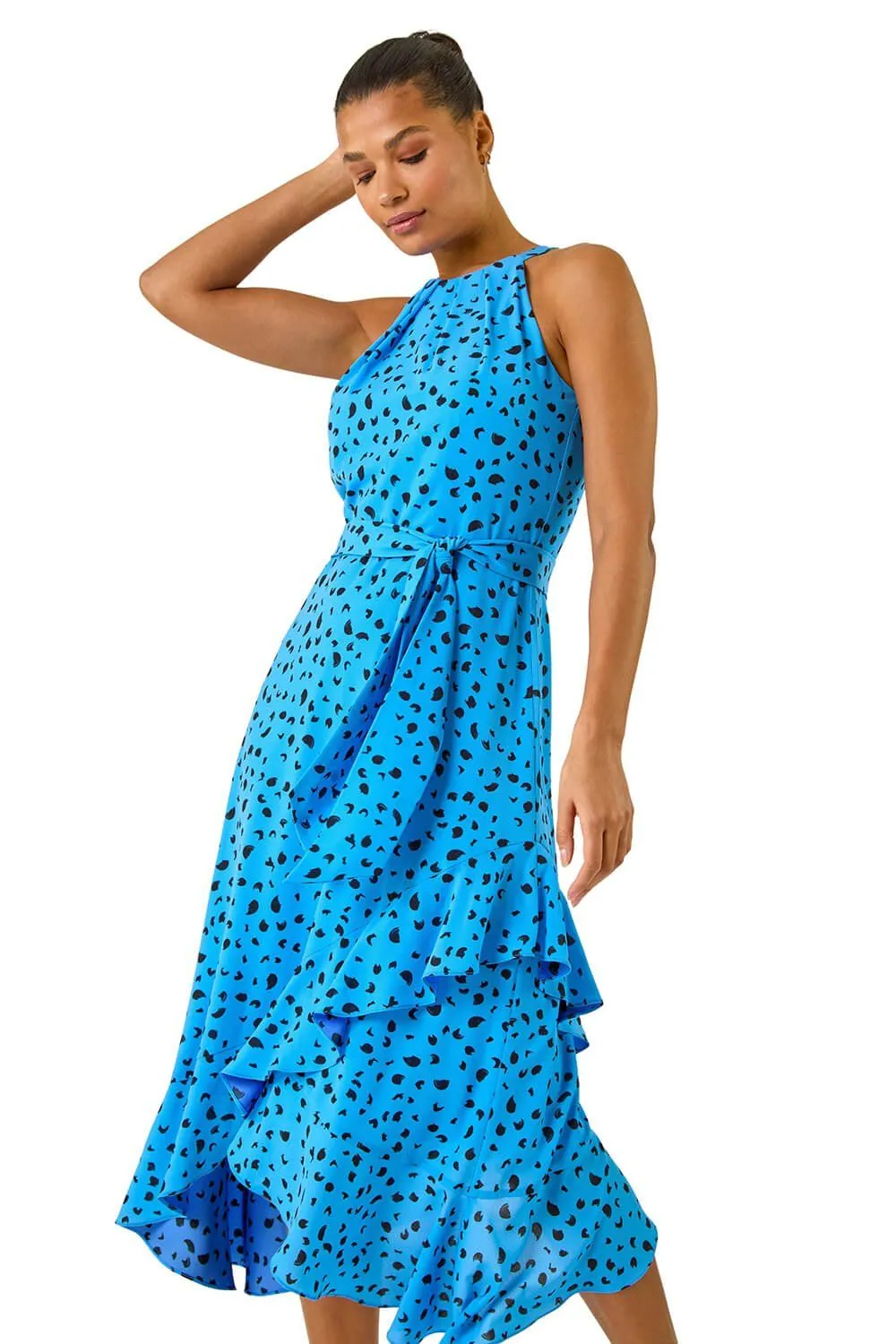 Spot Print Frill Hem Halter Dress
