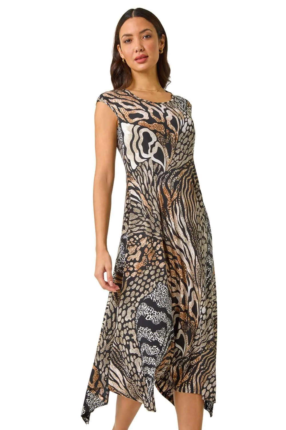 Animal Print Hanky Hem Stretch Midi Dress