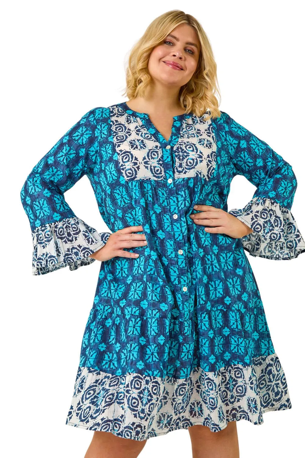 Curve Contrast Print V-Neck Midi Dress