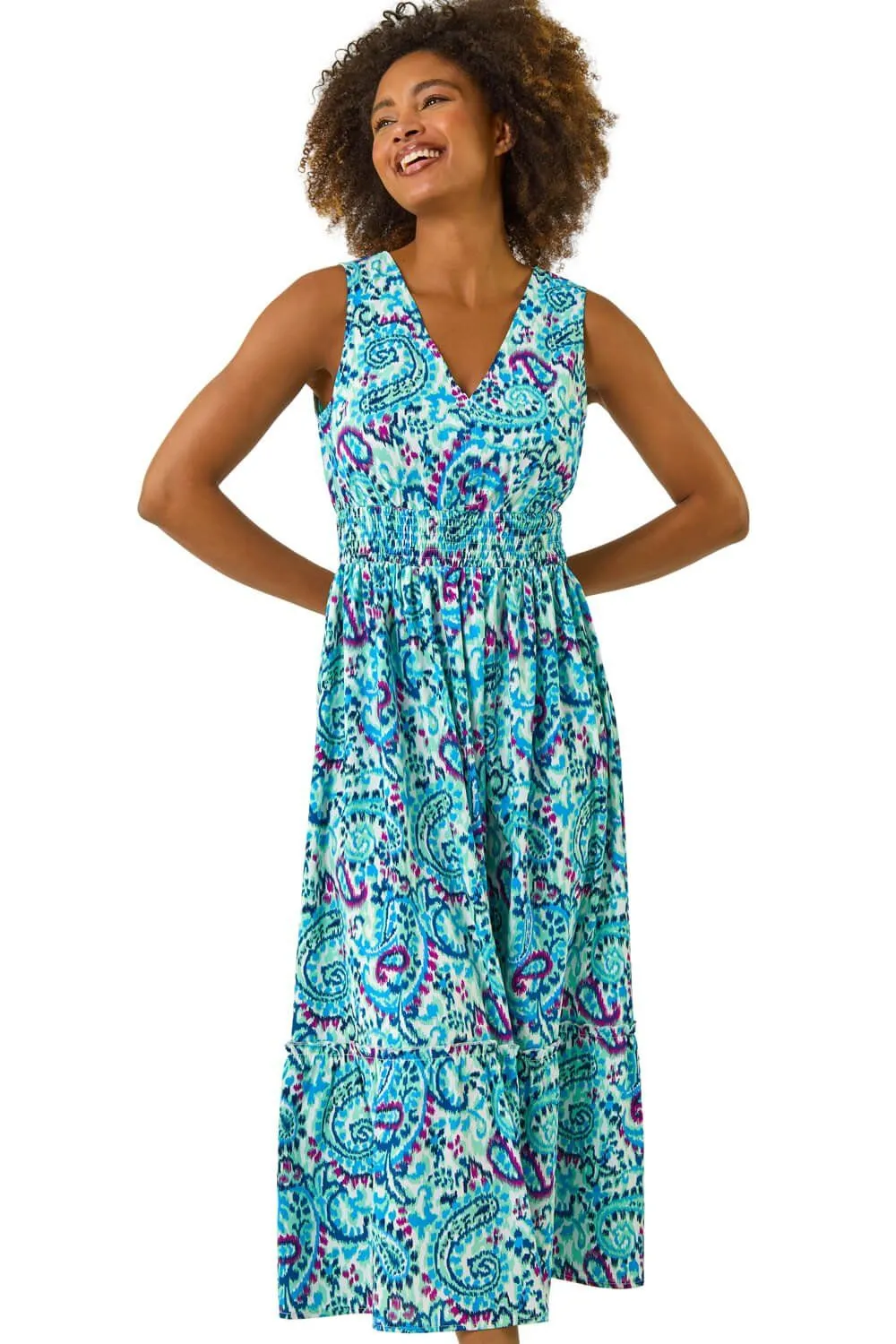 Paisley Print Shirred Maxi Dress