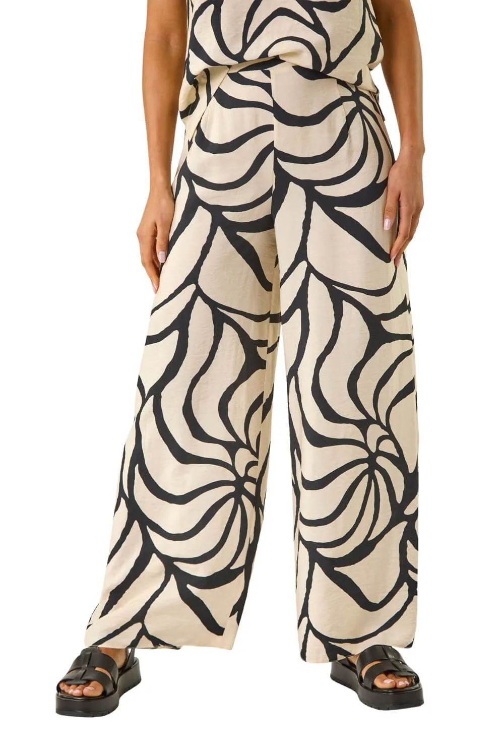 Mono Floral Palm Print Wide Leg Trouser