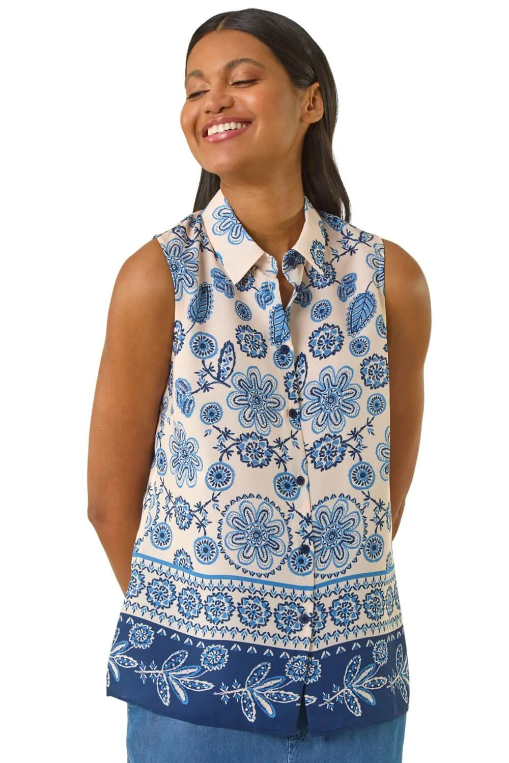 Border Print Collared Blouse