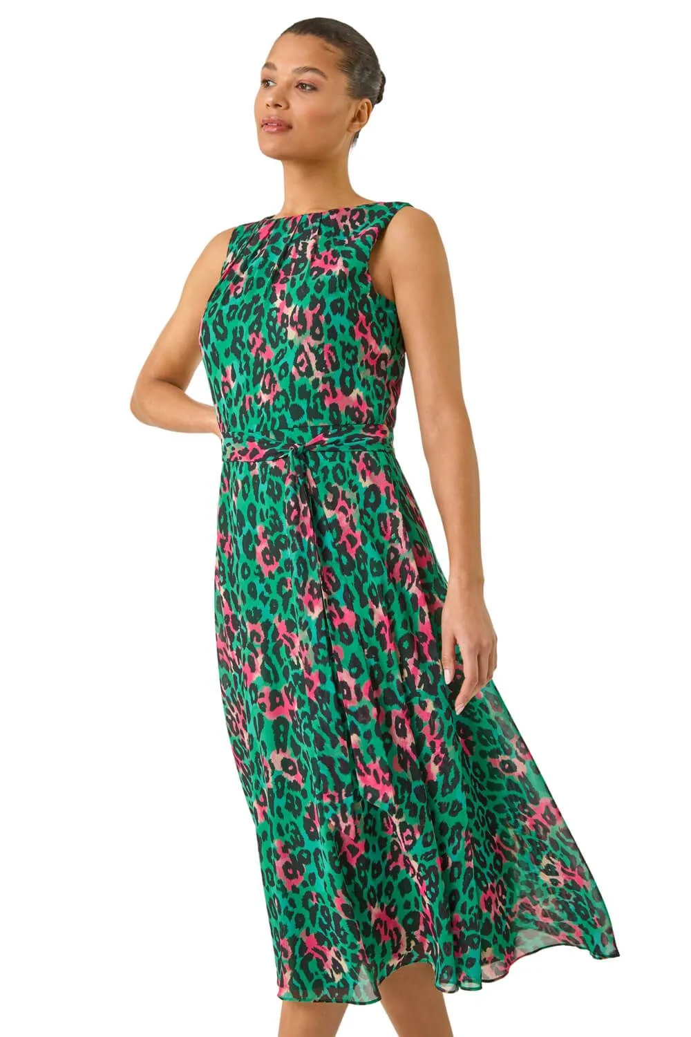 Animal Print Pleated Midi Dress