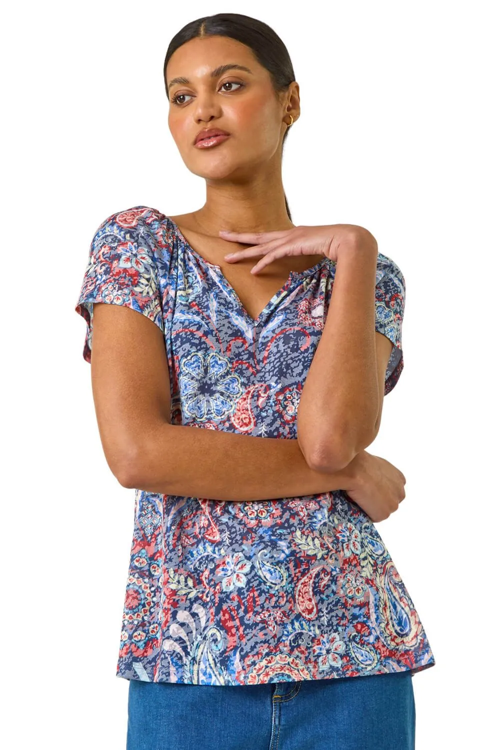 Burnout Print V-Neck Raglan Top