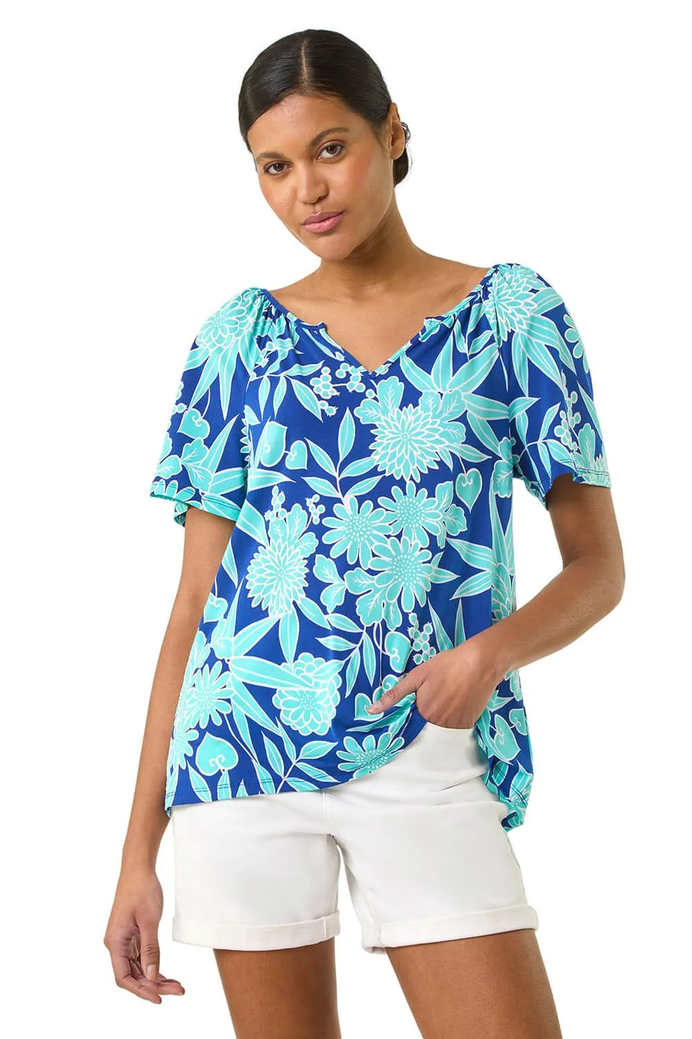 Textured Print Notch Neck Top
