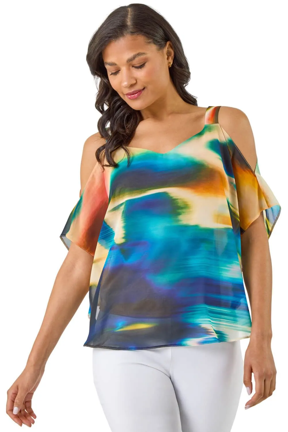 Abstract Overlay Cold Shoulder Top