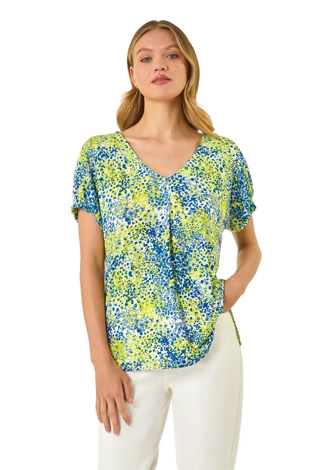 Abstract Spot Print Pleat Front Top