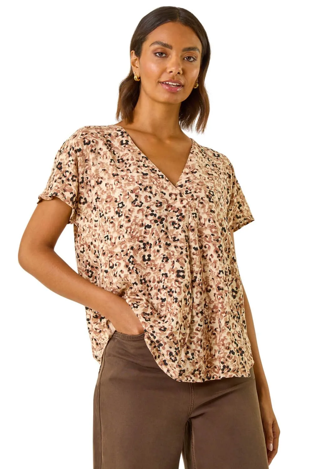 Animal Print V-Neck Pleat Front Top