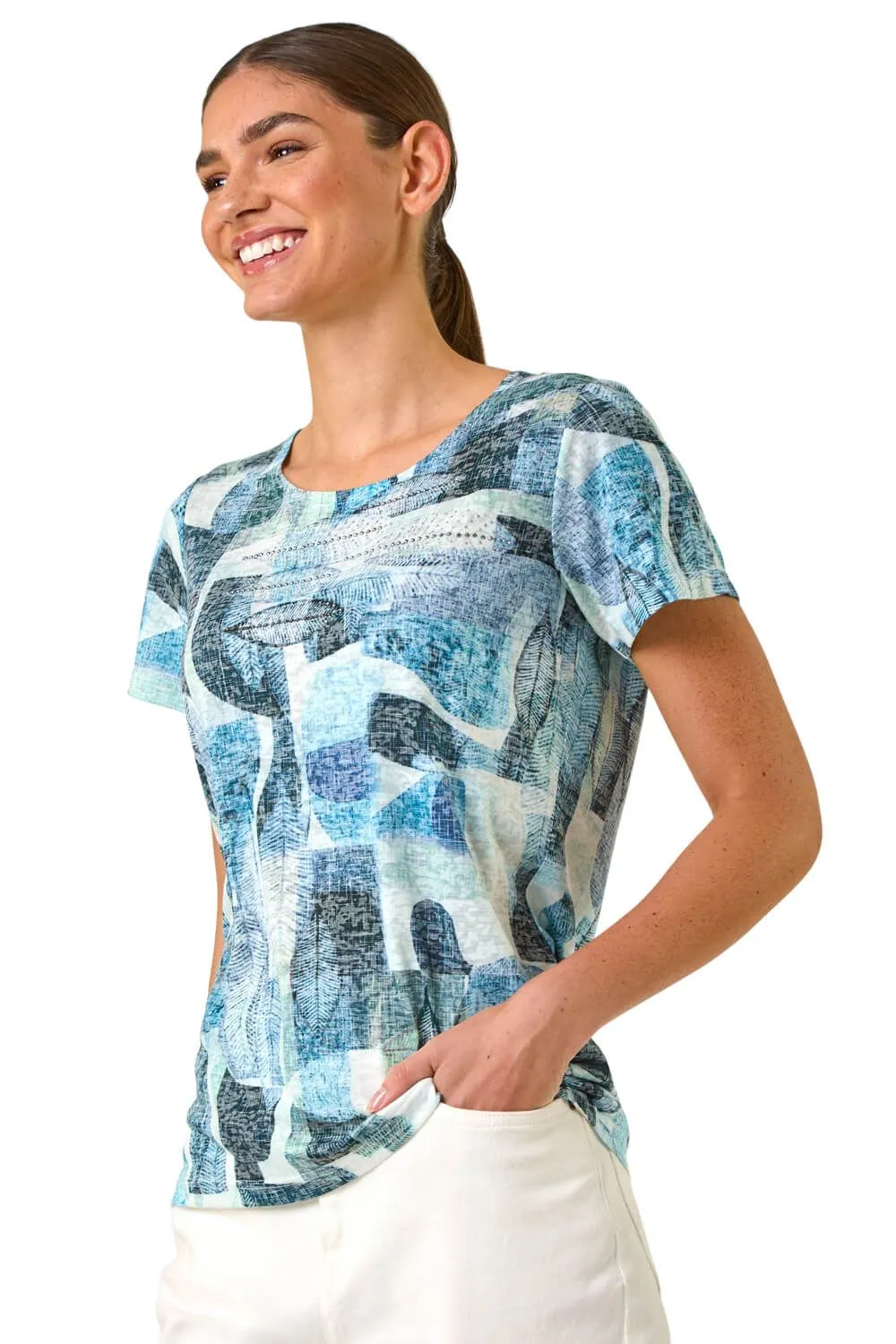Abstract Leaf Print Diamante Tee
