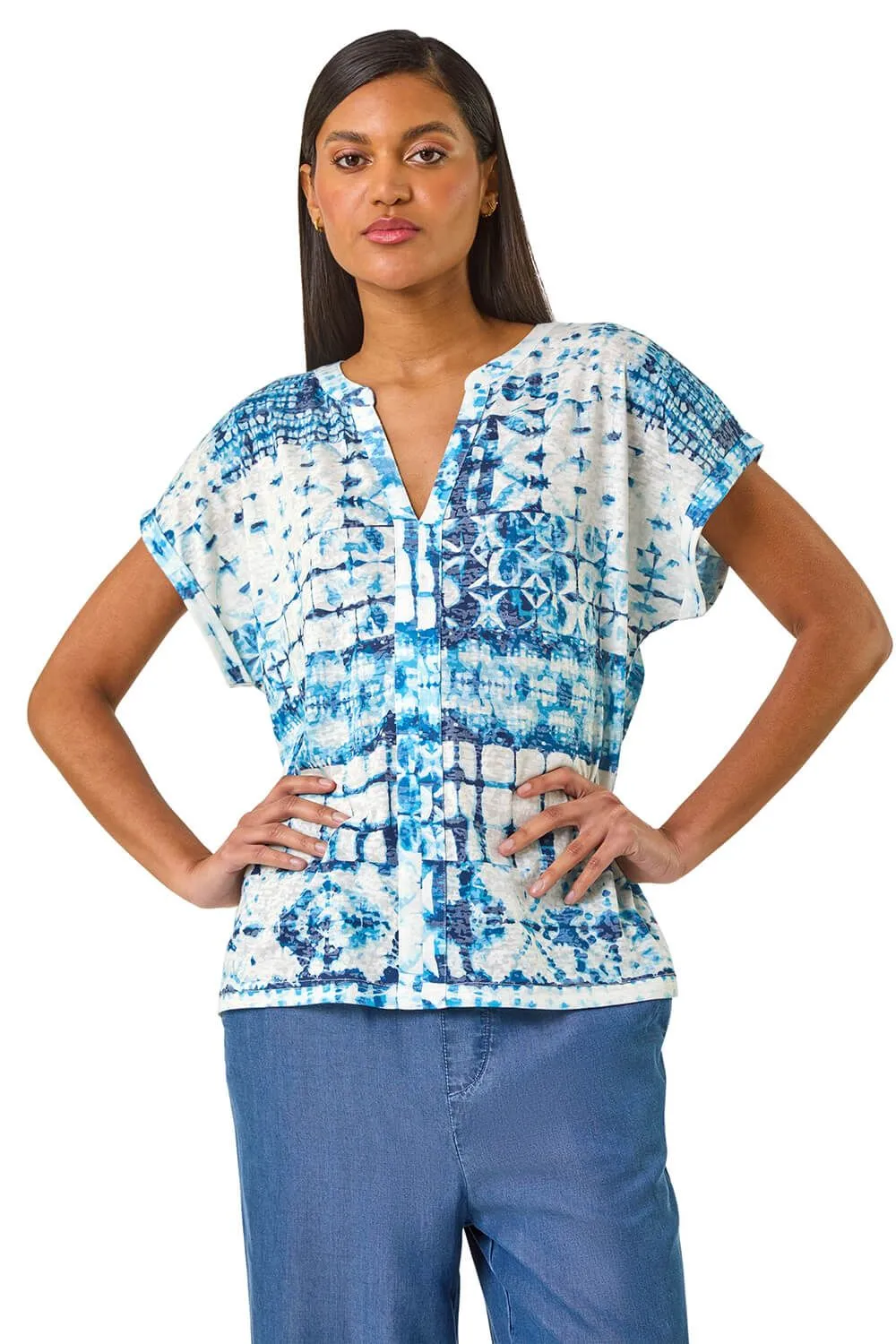 Burnout Print Lace Shoulder Top