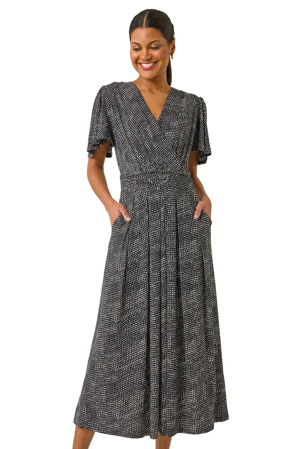 Spot V-Neck Midi Wrap Dress