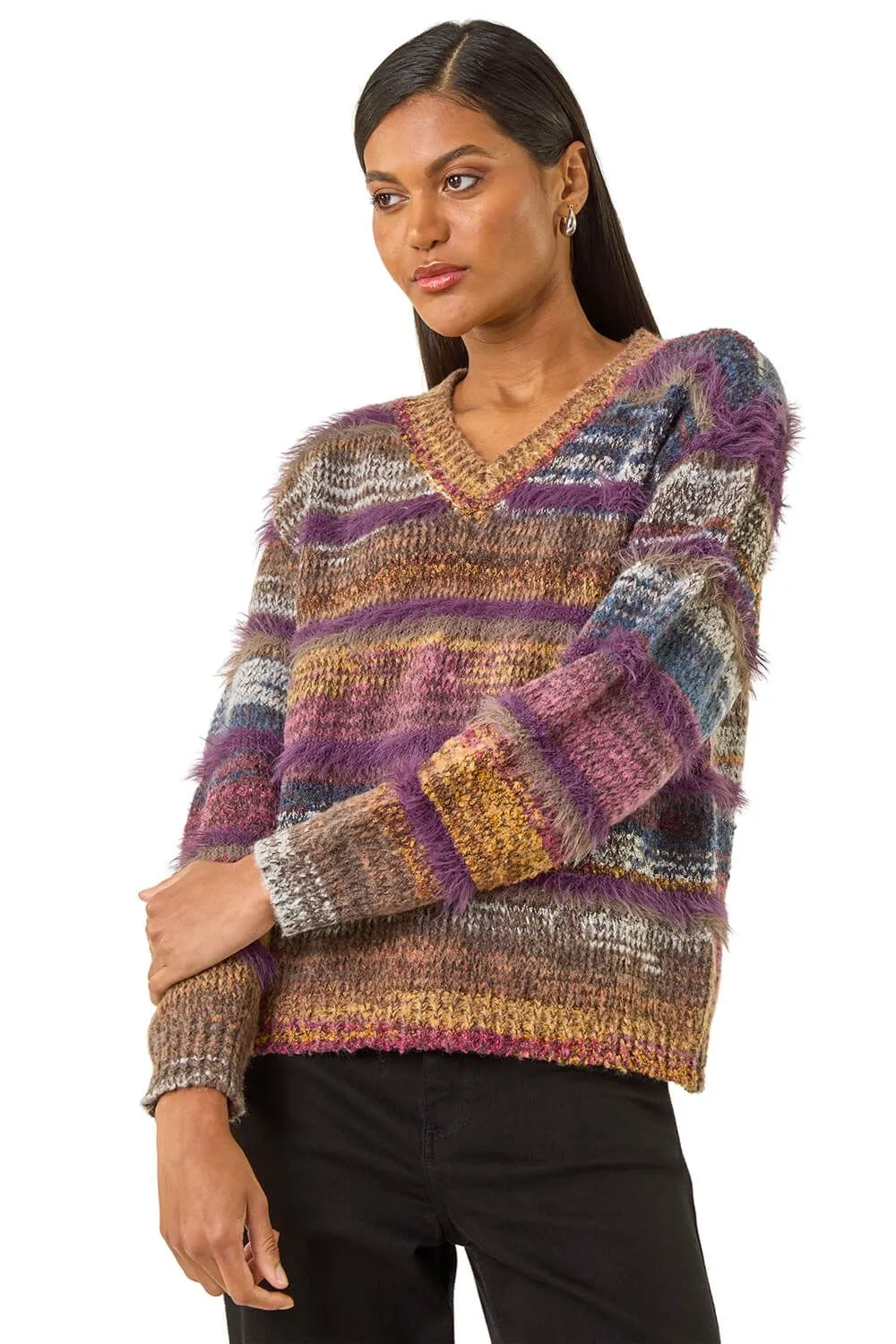 Textured Stripe V-Neck Knit Jumper