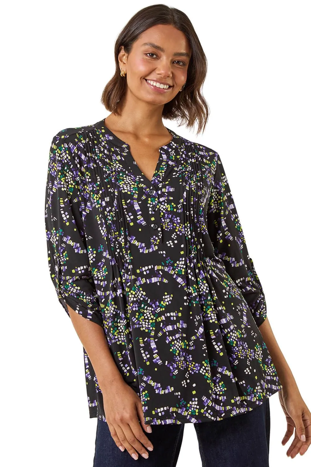 Abstract Print Pintuck Stretch Top