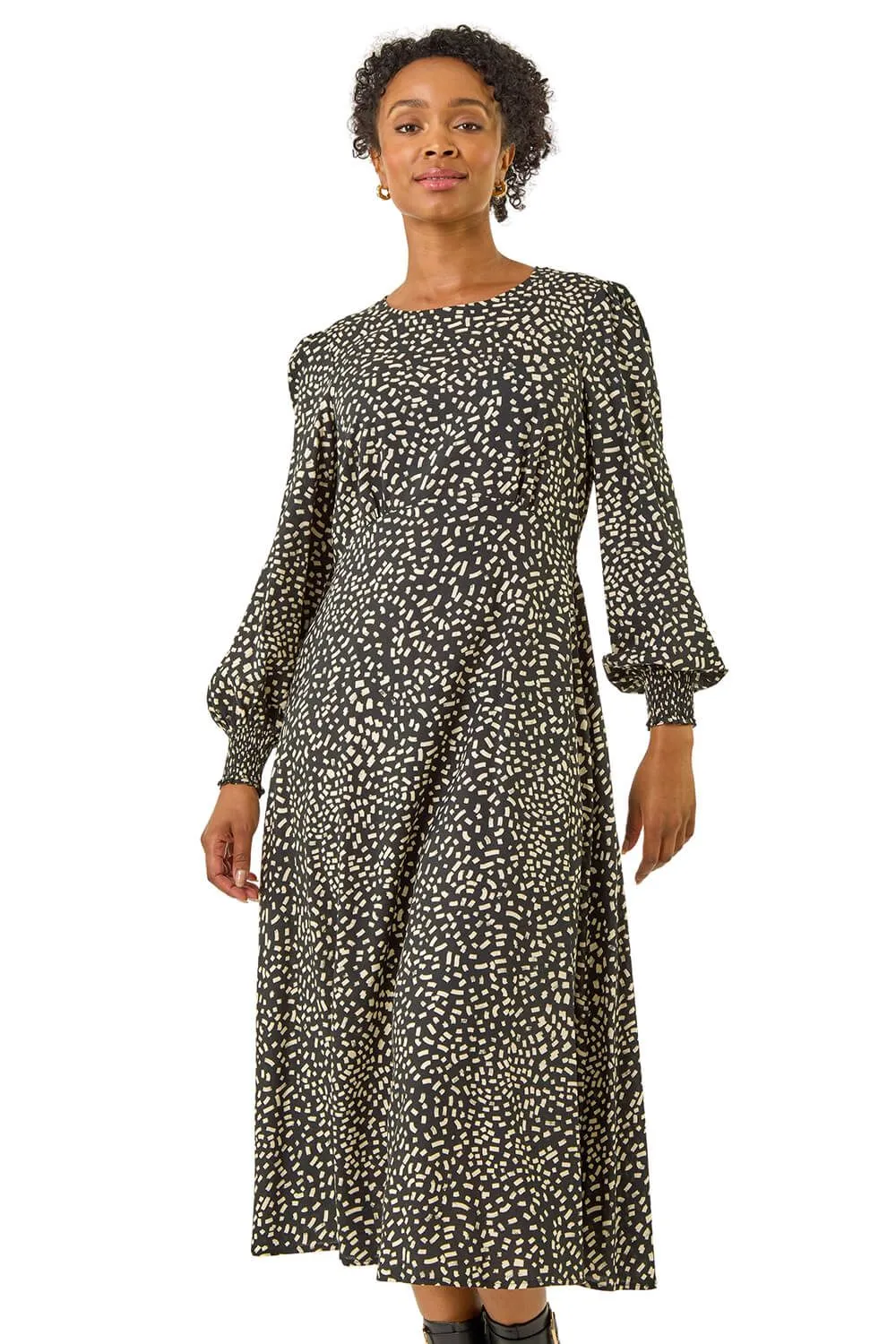 Petite Print Shirred Midi Dress