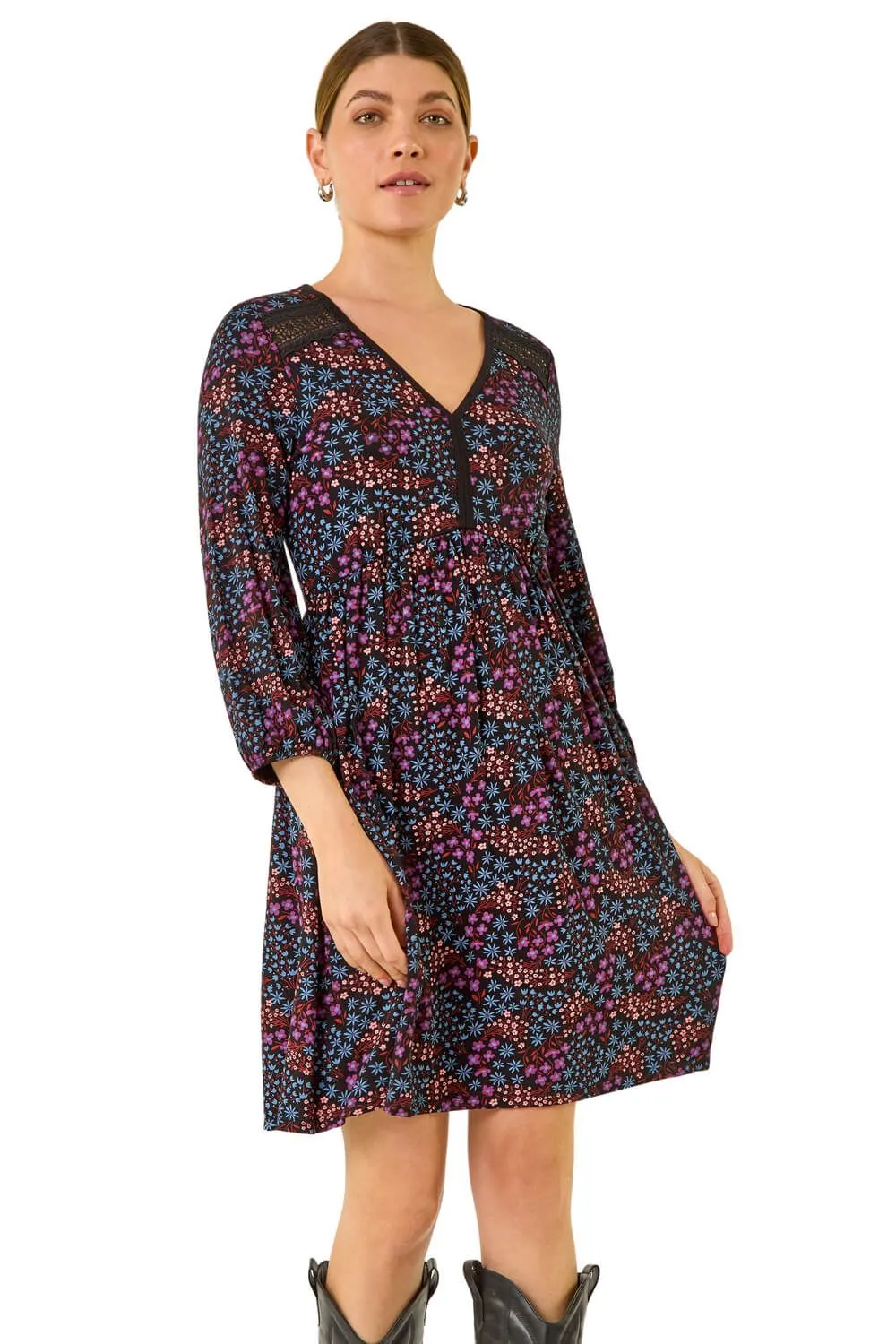 Print Trim Detail Stretch Dress