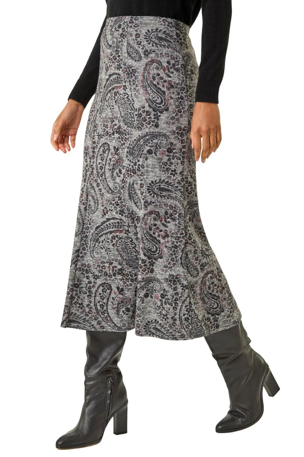 Paisley Print Stretch Midi Skirt