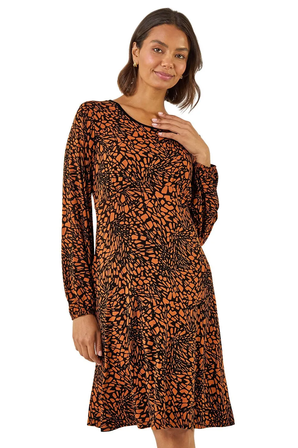 Abstract Print Gathered Stretch Dress