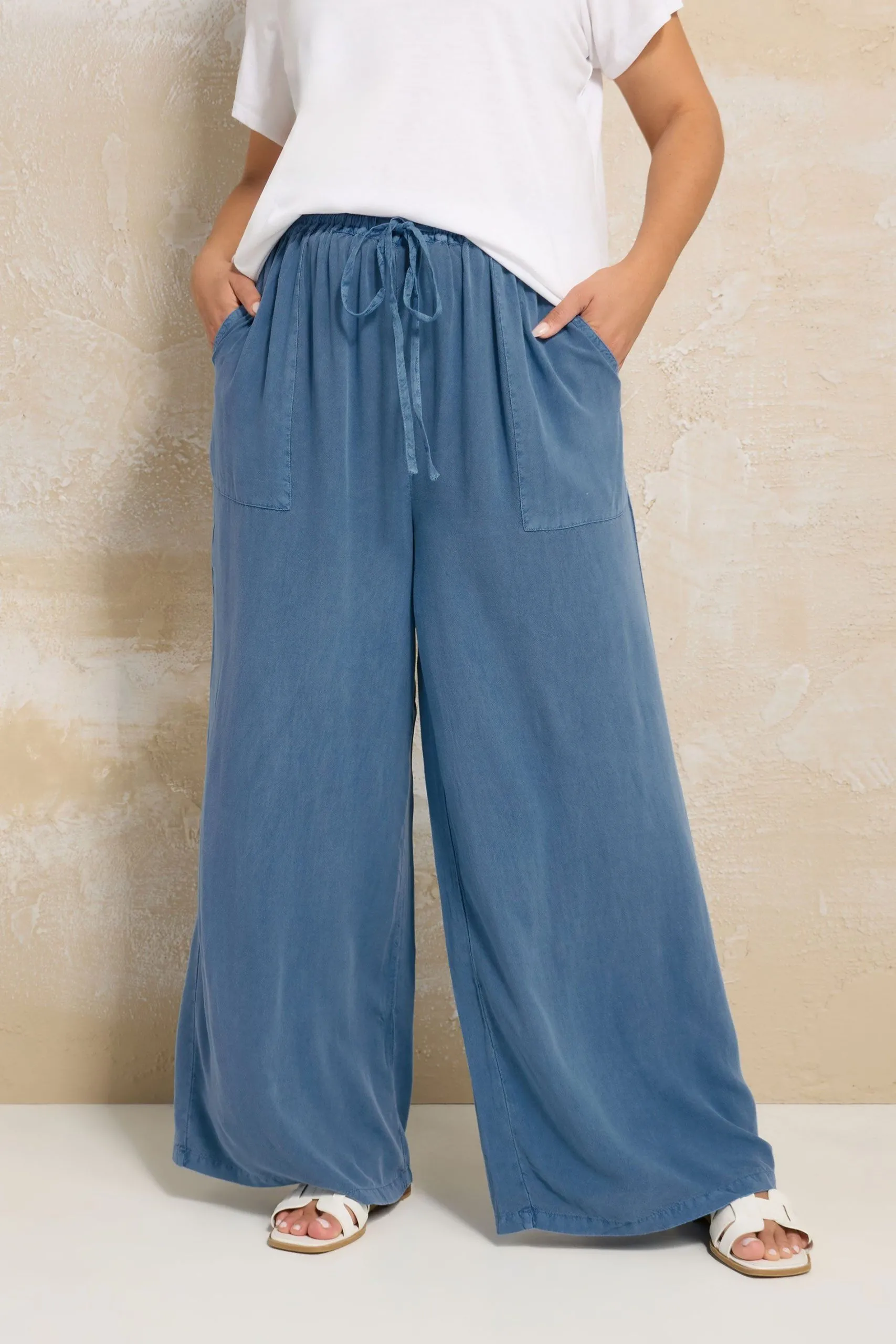 Chambray Tie Front Wide Leg Trousers