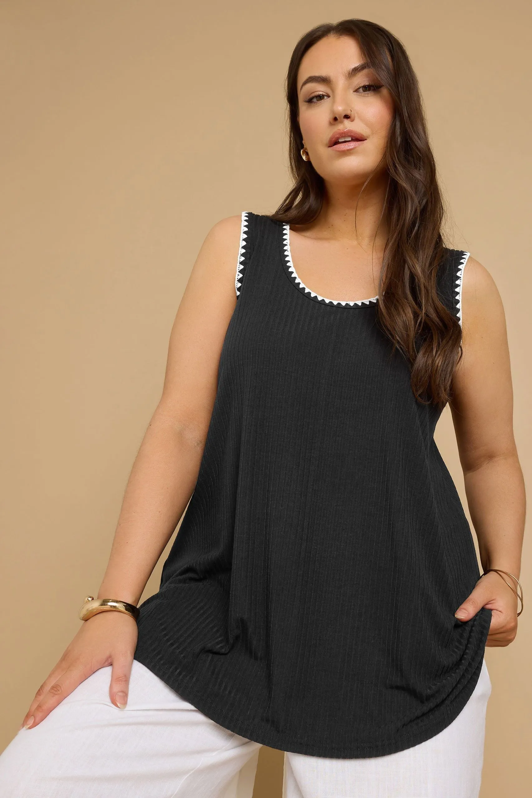 Contrast Blanket Stitch Ribbed Vest Top