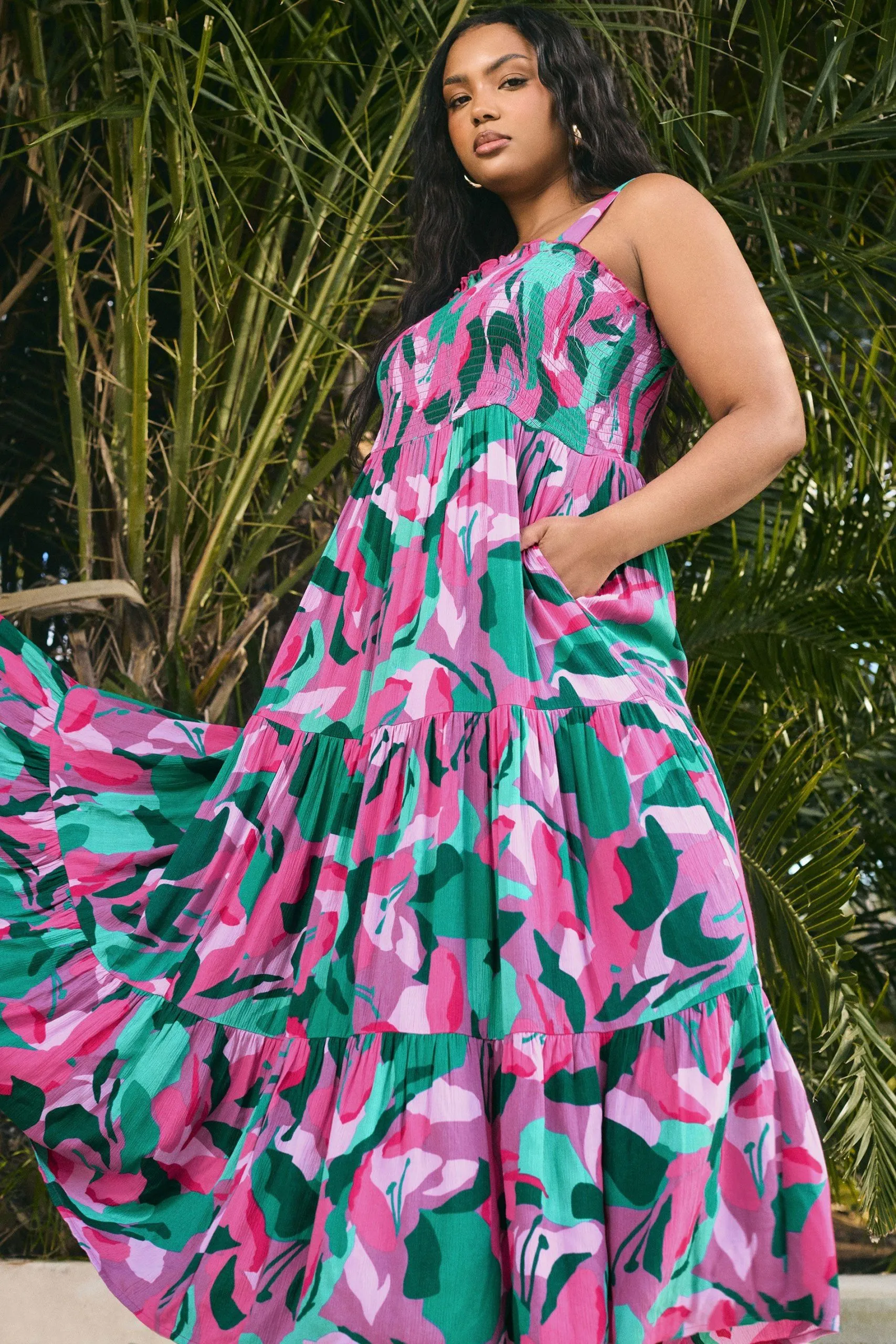 Abstract Print Shirred Maxi Dress