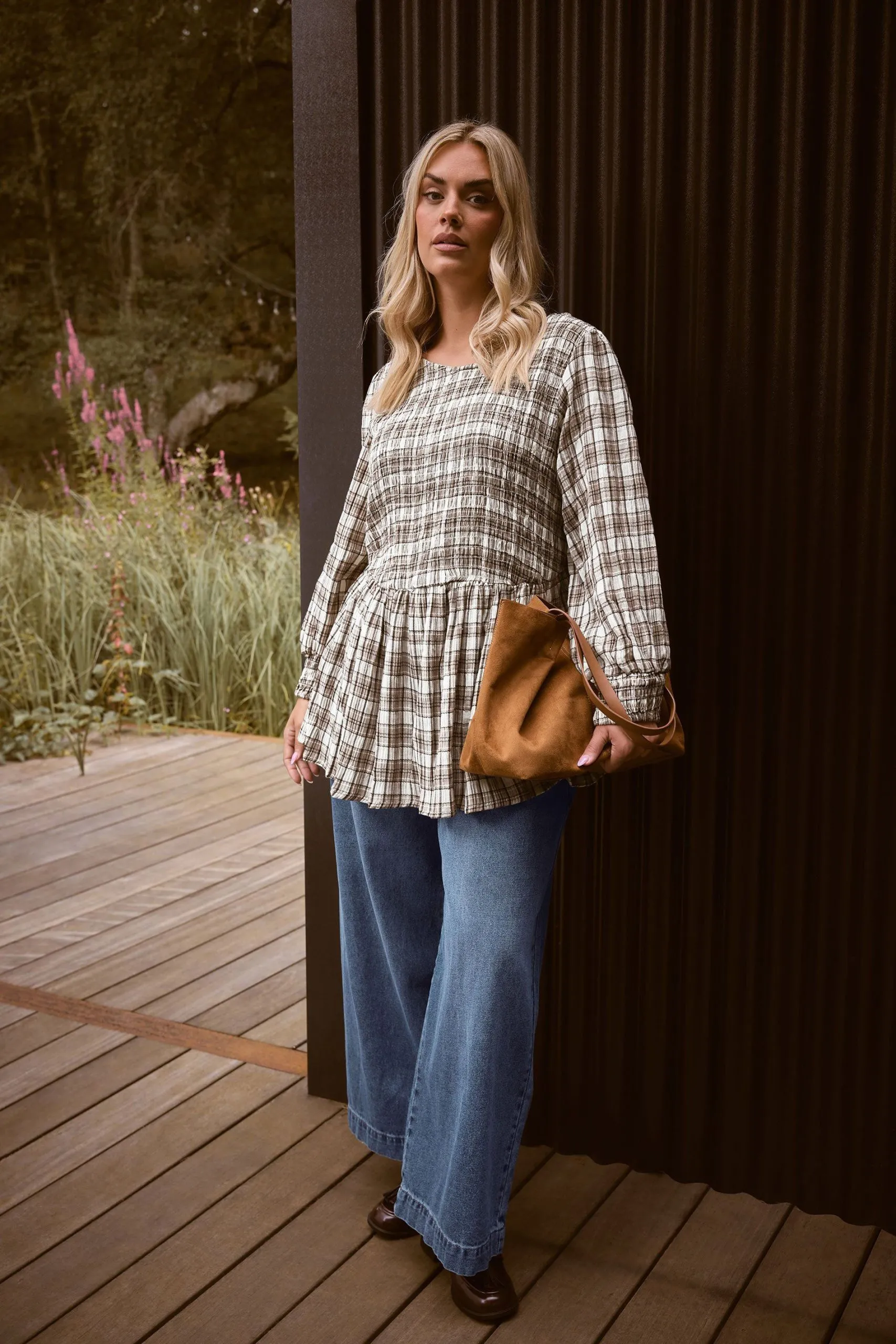 Check Shirred Peplum Top