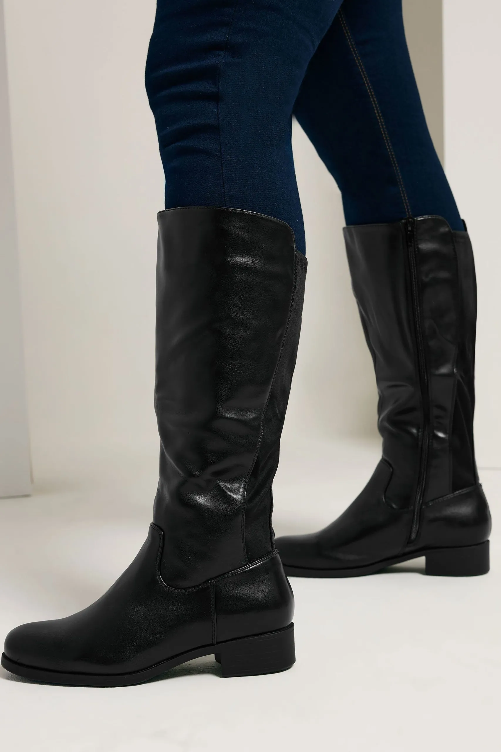 Faux Leather Stretch Knee High Boots