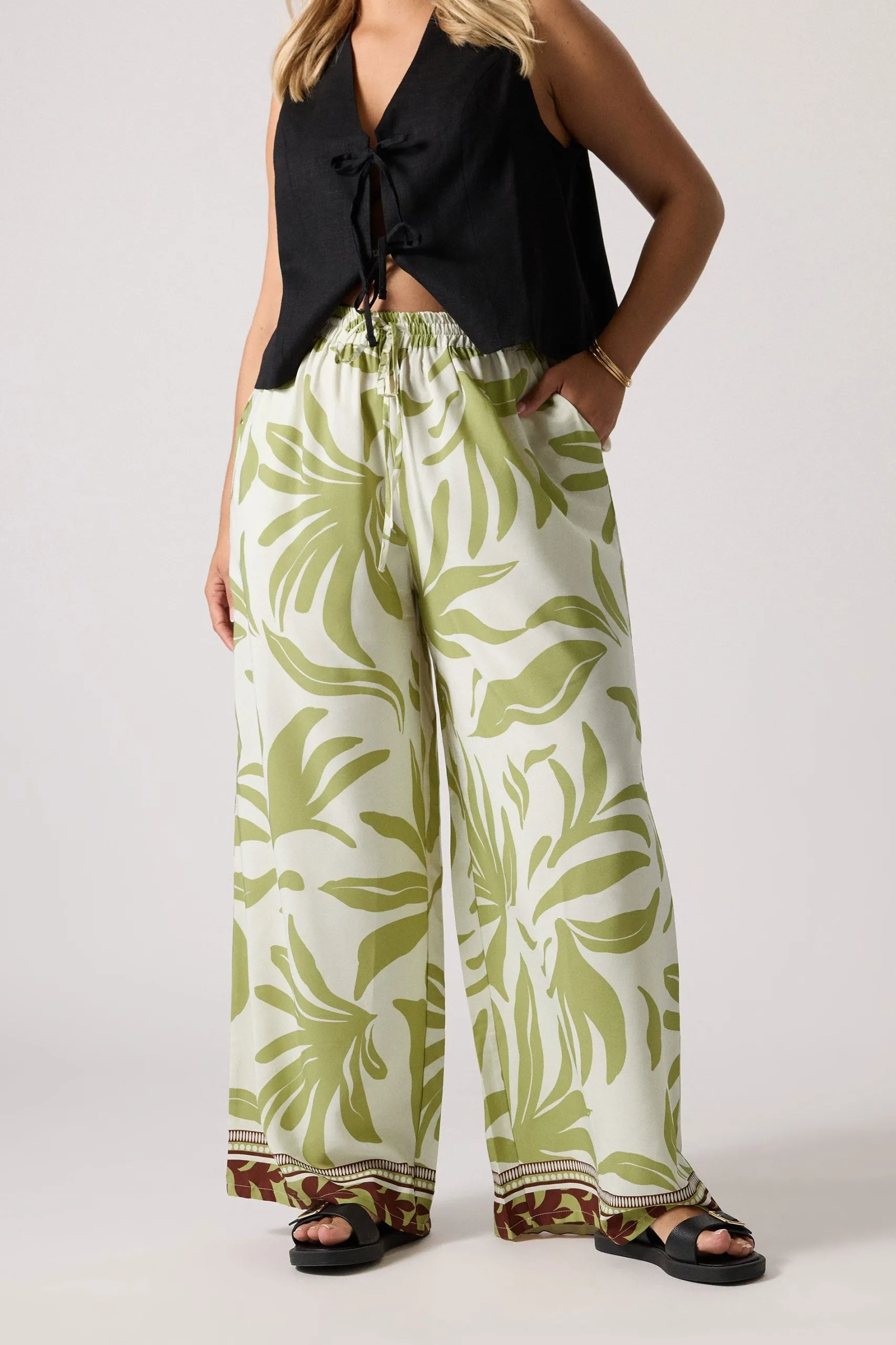 Leaf Print Wide Leg Trousers