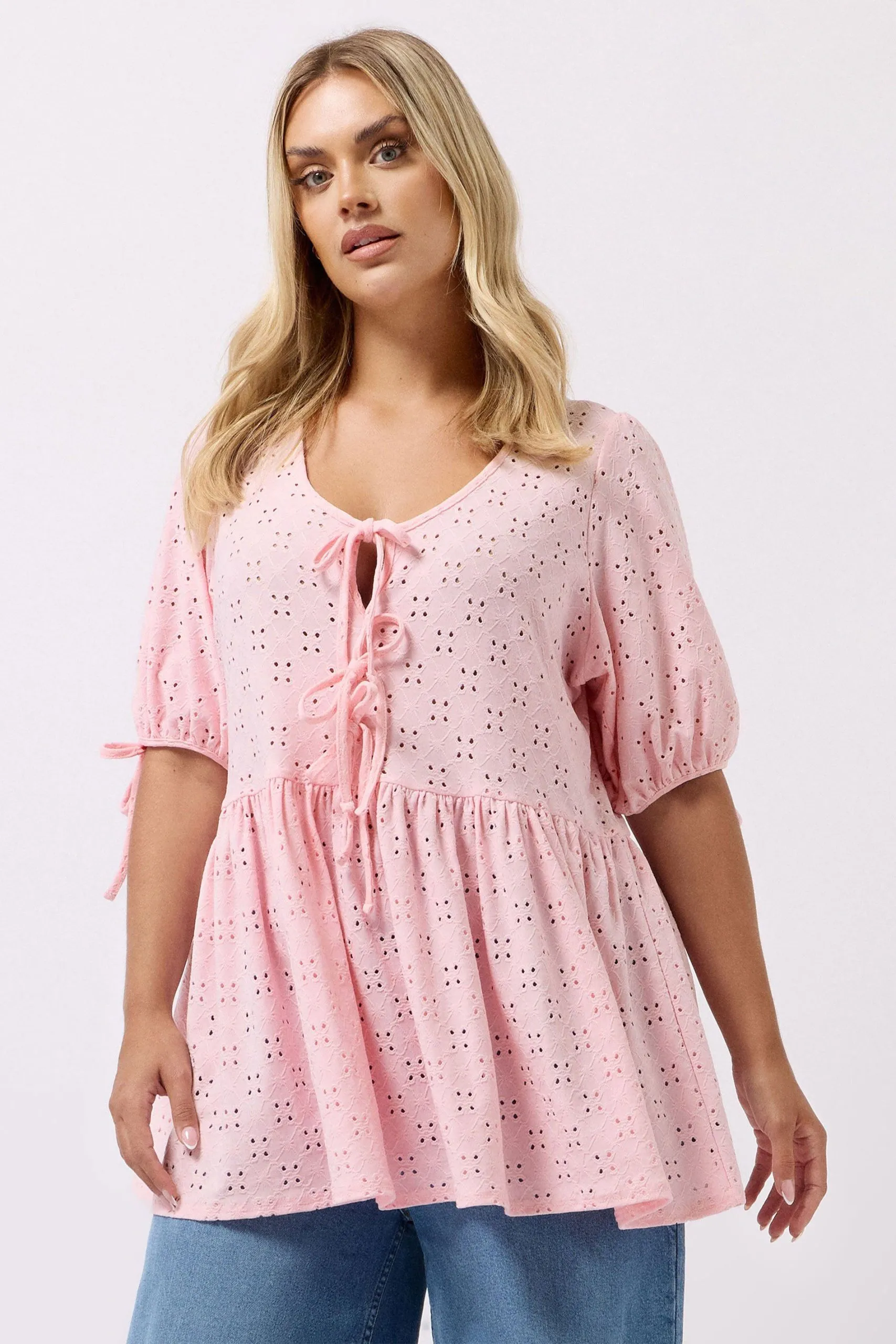 Broderie Anglaise Tie Front Peplum Top