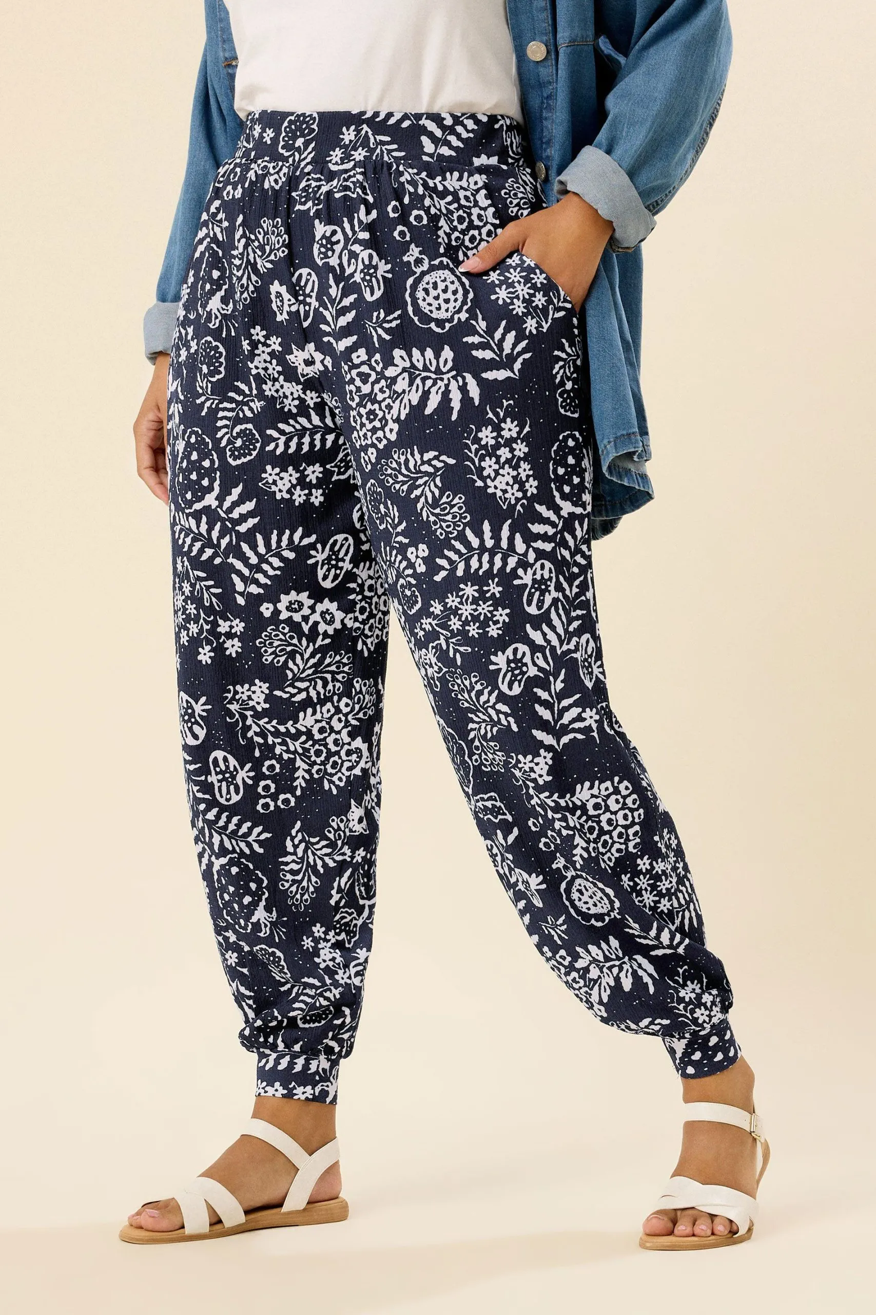 Leaf Print Cuffed Harem Trousers