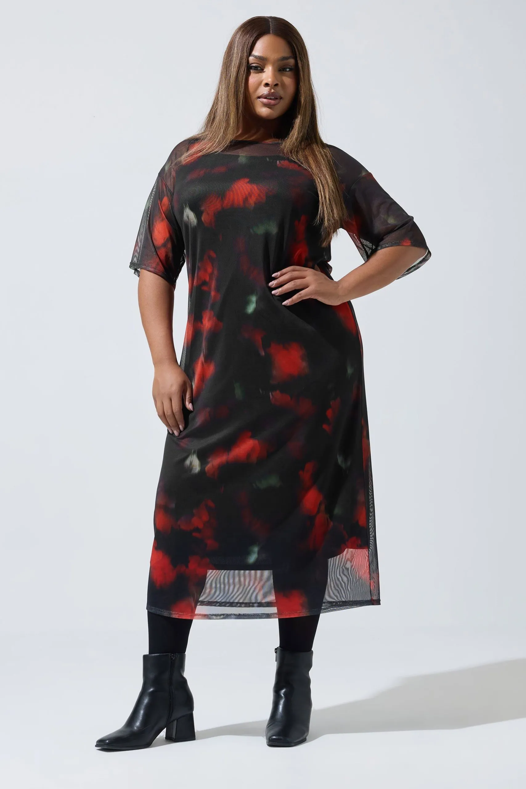 Blurred Floral Mesh Midaxi Dress