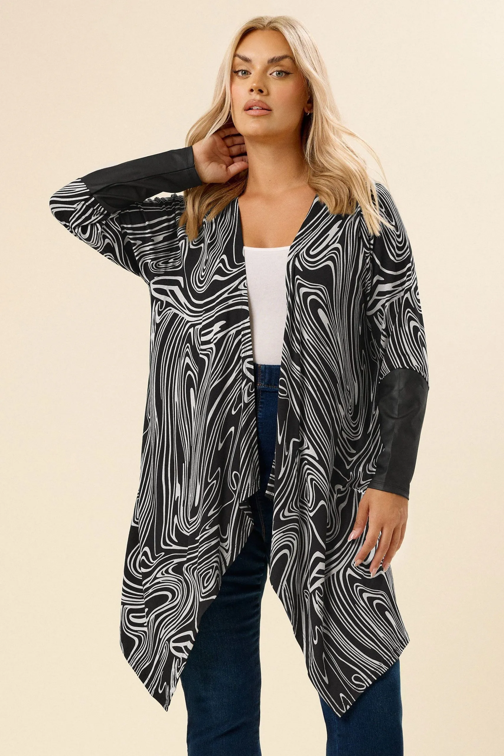 Abstract Faux Leather Sleeve Cardigan