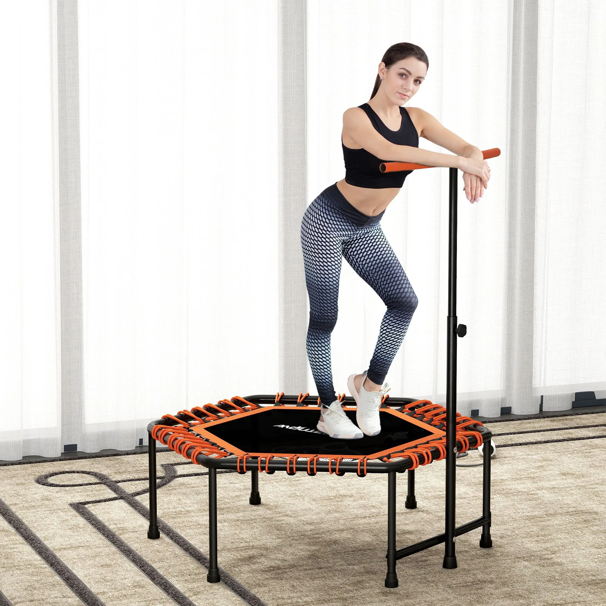 45" Fitness Trampoline with Adjustable Handle, LED Lights, Orange
