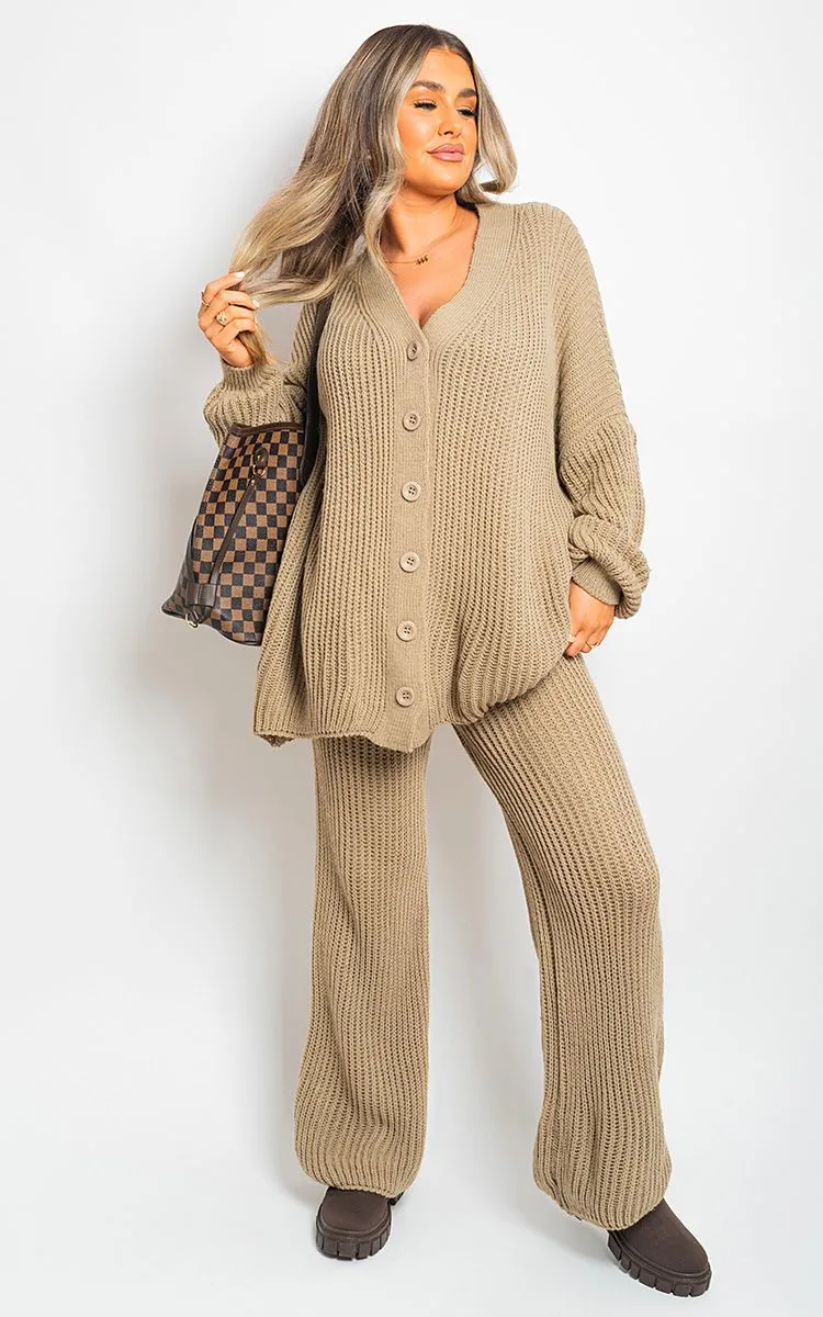 Emma Chunky Knitted Button Up Cardigan Wide Leg Trousers Co-ord Set